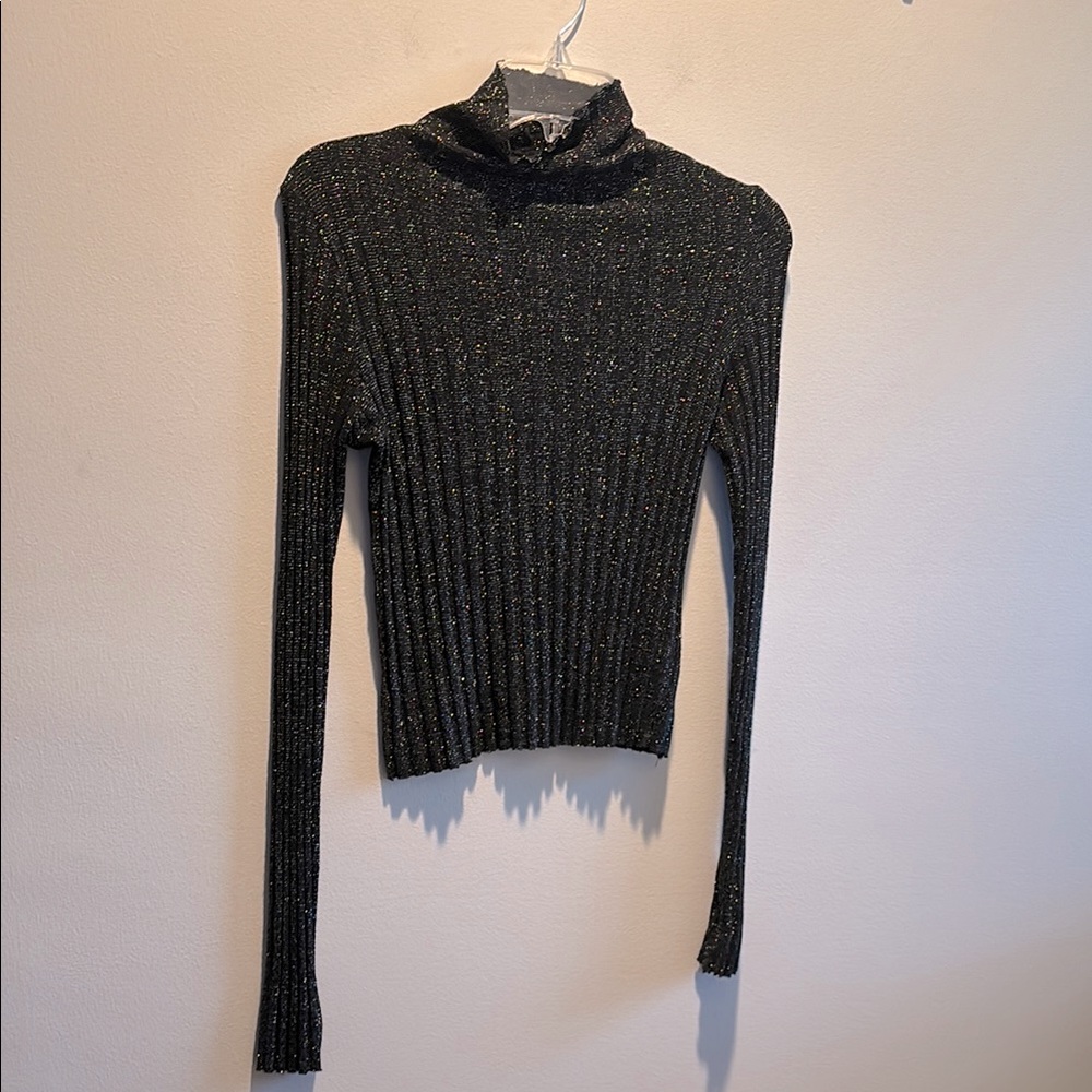 Enza Costa stretchy ribbed mock neck metallic silver weave top